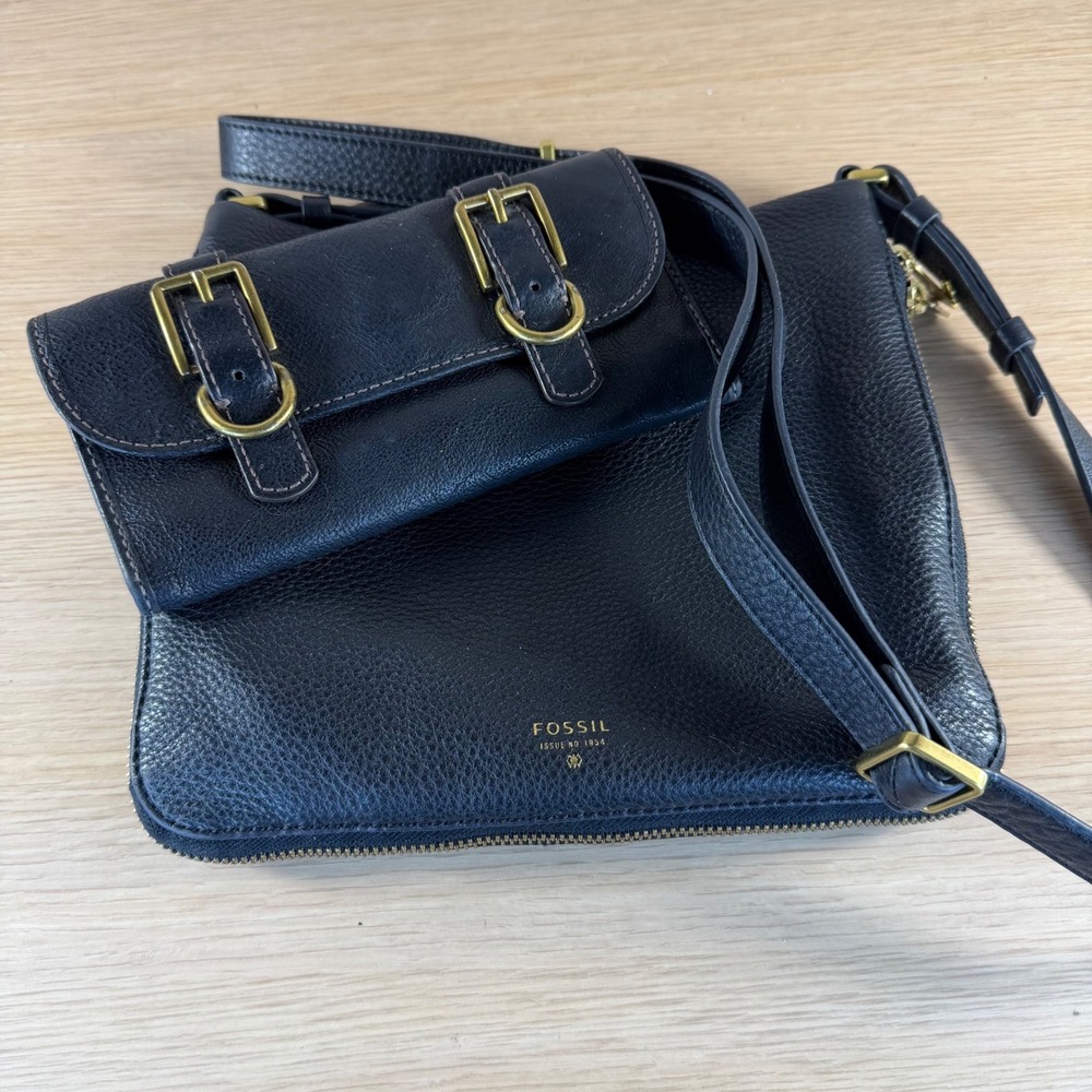 Fossil Black Pebble Leather Crossbody Shoulder Bag Fossil Organizer Wallet Set